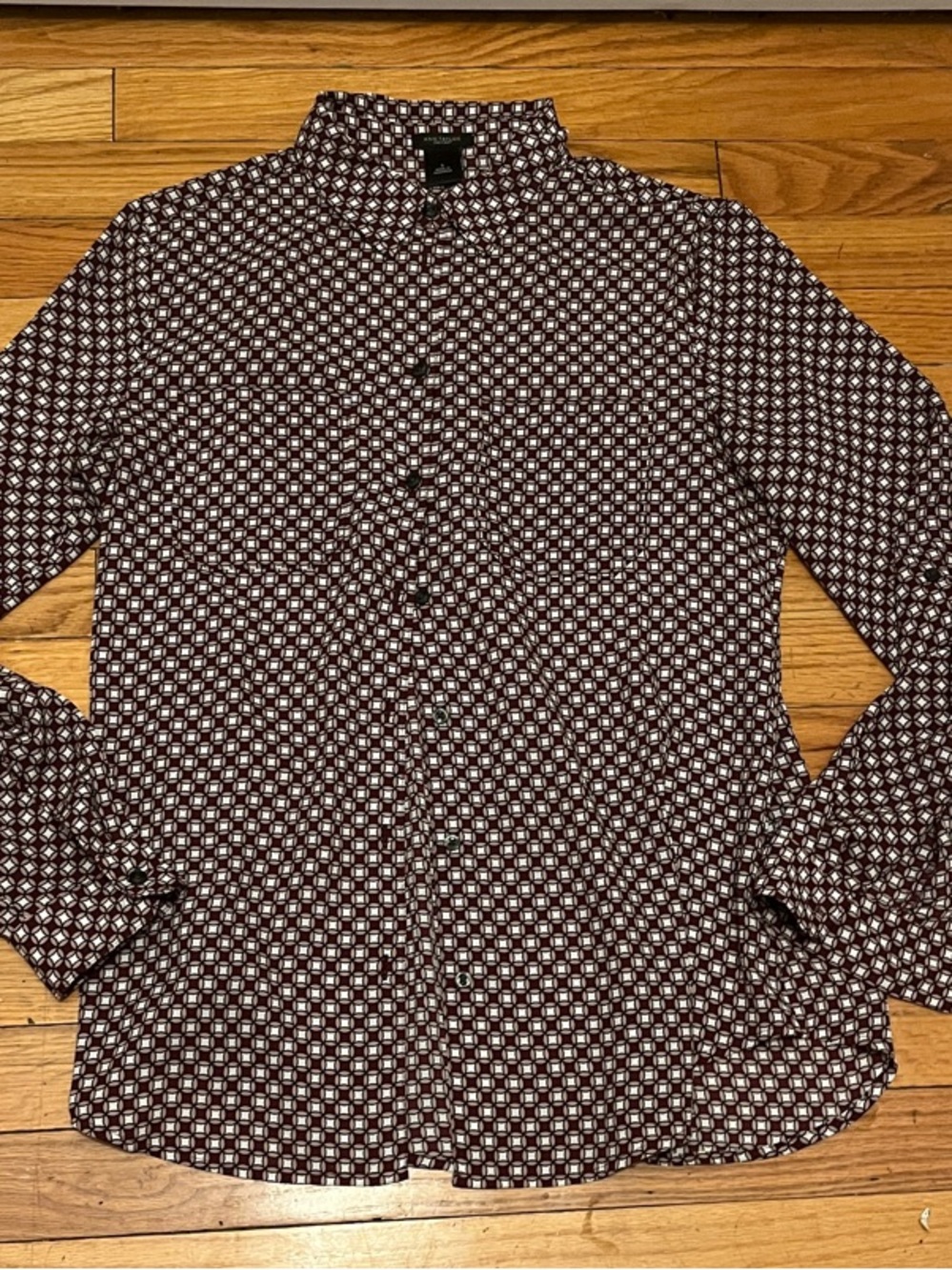 Ann Taylor Women’s Geometric Print Button-Up Shirt - Maroon